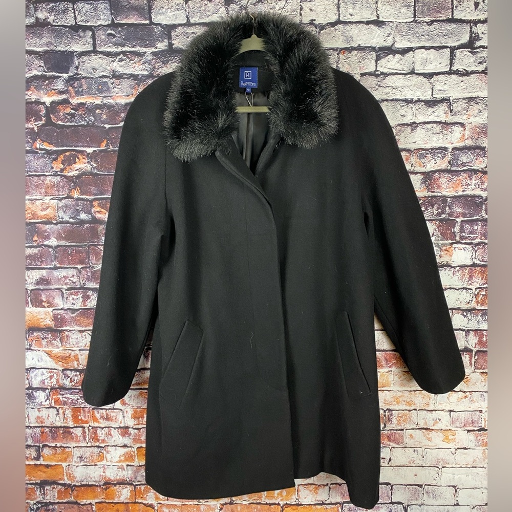 Reitmans Black Wool Pea Mid Length Coat with Faux Fur Collar Sz 12 - Picture 3 of 14